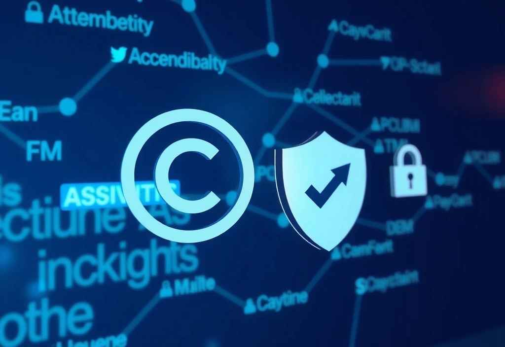 Εικονίδια πνευματικών δικαιωμάτων και προστασίας σε ψηφιακό φόντο