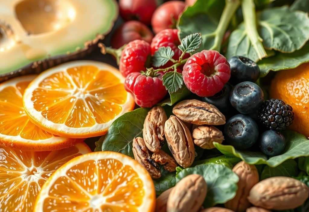 Close-up of a variety of natural vitamin-rich foods like citrus, berries, leafy greens, and nuts, arranged aesthetically.
