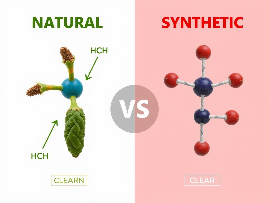 Infographic style image comparing natural and synthetic molecules, abstract and clear.