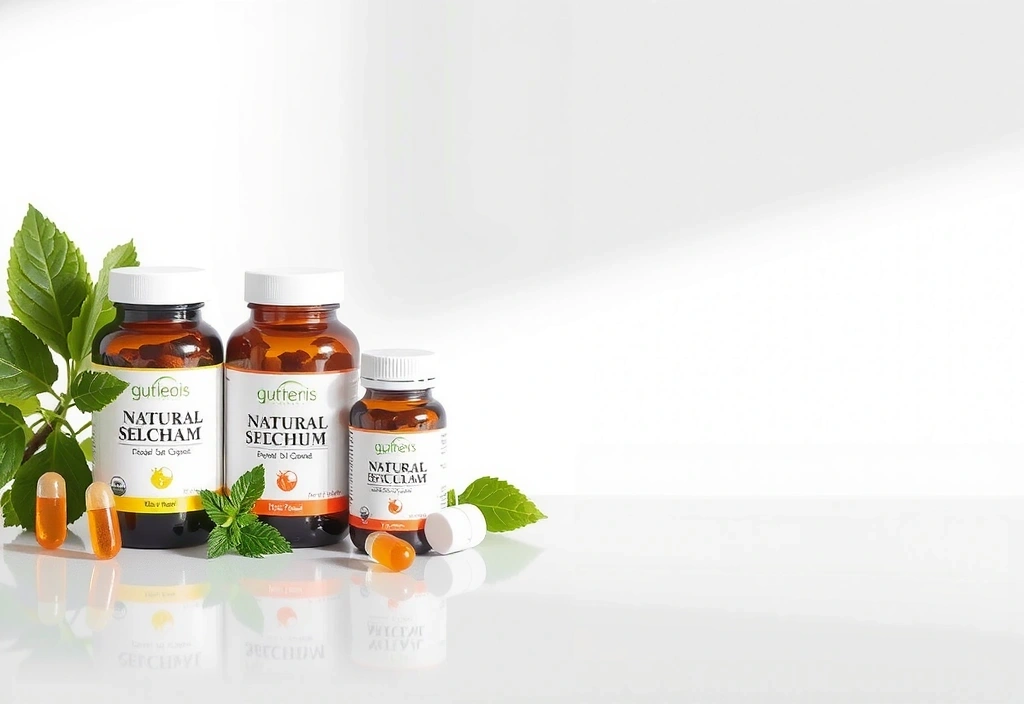 Εικόνα με διάφορα μπουκάλια φυσικών συμπληρωμάτων και κάψουλες, με έμφαση στα φυσικά συστατικά.